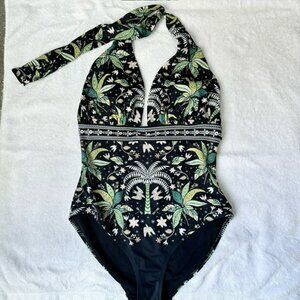 Black Palm Print Boden Halter Tie One Piece US 10